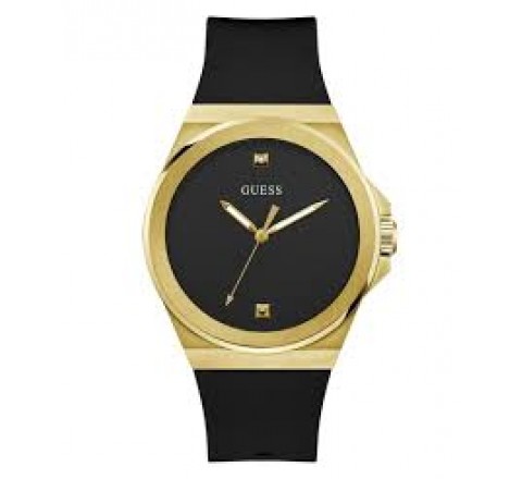 RELOJ GUESS CAJA ACERO DORADO CORREA SILICONA NEGRA GW0790G1