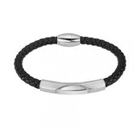 PULSERA LOTUS ACERO Y CUERO TRENZADO NEGRO LS2594/2/1