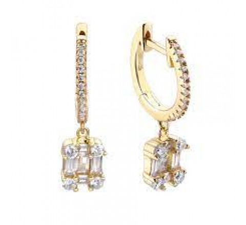 PENDIENTES PLATA DORADA ARO CON PAVE Y BAGUETTES 00511120