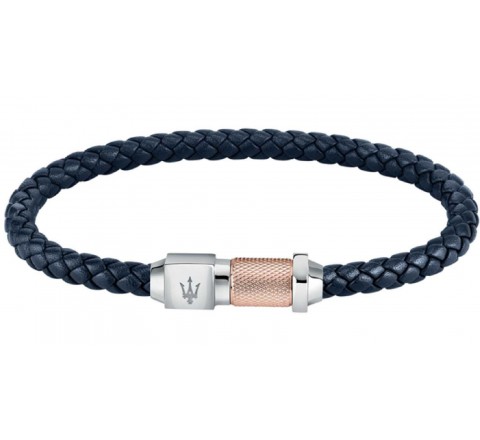 PULSERA MASERATI CUERO AZUL Y ACERO BICOLOR JM223AVE16