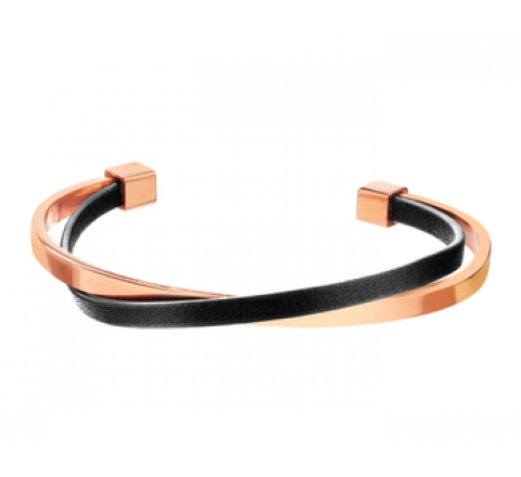 PULSERA ELIXA ACERO ROSADO Y CUERO NEGRO EL524-0188