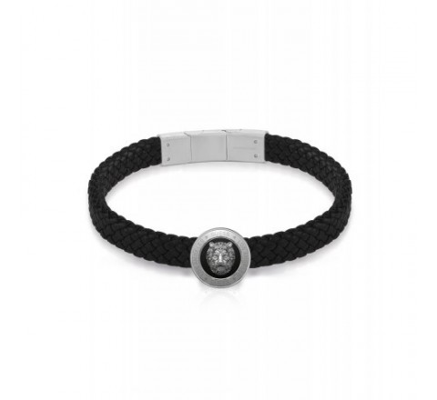 PULSERA GUESS CUERO NEGRO Y ACERO LEON JUMB01312JWSTBKT-U