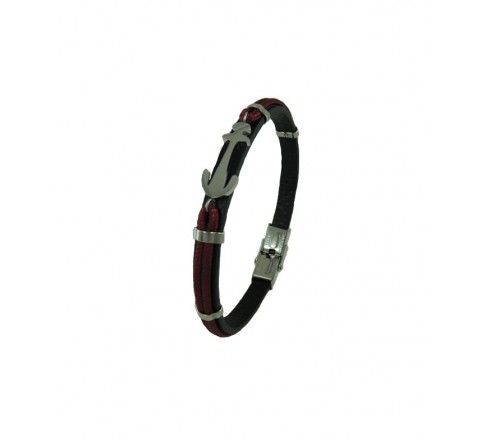 PULSERA IVOIRE C3030613/RJ CUERO NEGRO Y ROJO ANCLA