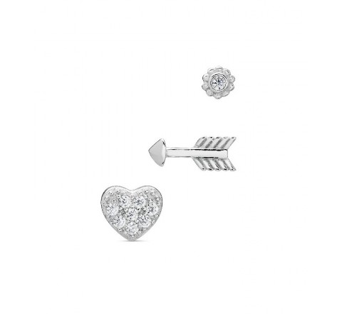 SET 3 PENDIENTES PLATA CORAZON FLECHA CIRCULO PE5833R